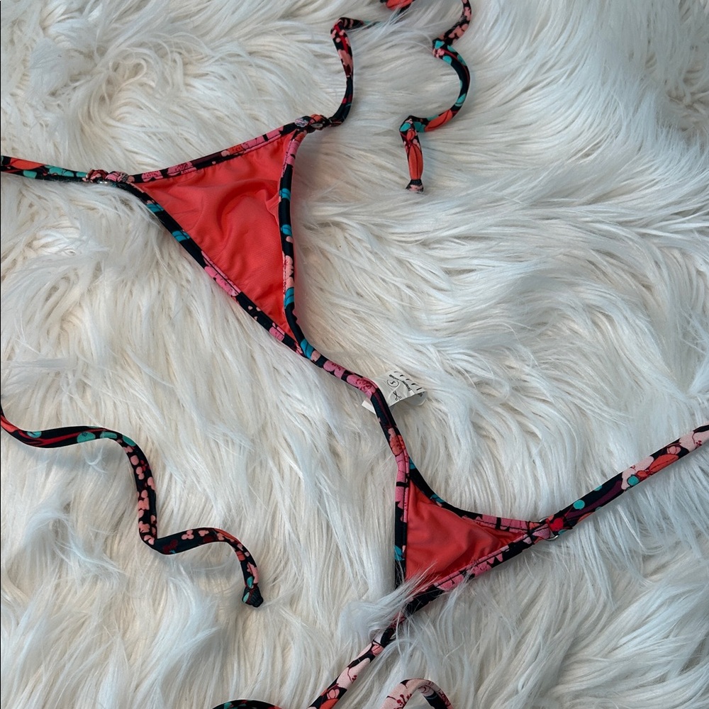 Wicked Weasel Coral Thong Bikini Bottom with Floral Ties - Picture 4 of 7